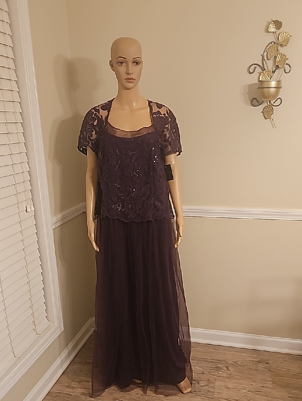 Plum Lace Overlay Maxi Dress with Short Sleeve Bolero